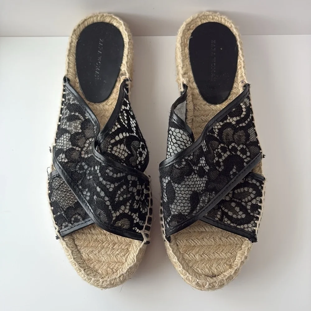 Zara Black Lace Crisscross Espadrille Woven Jute Platform Slide Sandals